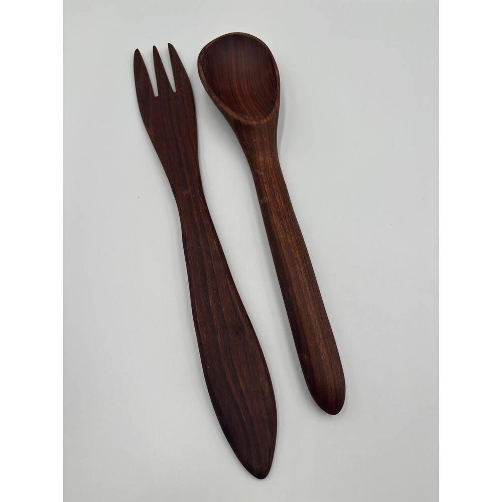 Artisan Hand Carved Wooden Salad Server Set Signed JEW 2014 Dark Wood Fork Spoon